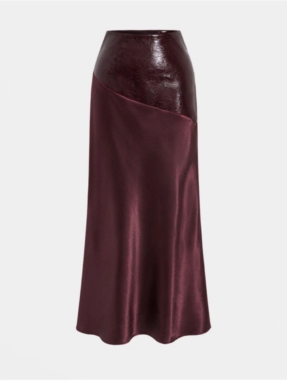 Commence Satin & Leather-Trim Burgundy Maxi Skirt